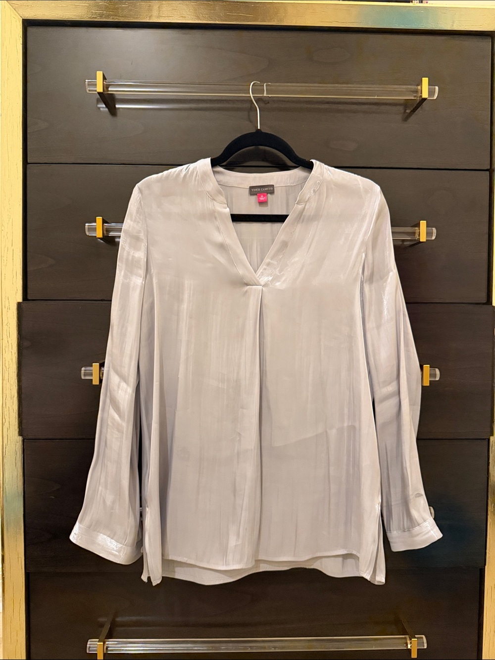 Vince Camuto Silver Satin V-Neck Blouse
